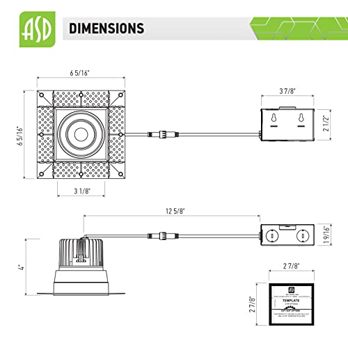 Asd Trimless Led Recessed Lighting 4 Inch 15W, 120V Canless Commercial Square Led Ceiling Light With Junction Box, 5 Cct 2700K-5000K 1000 Lm, Dimmable Led Downlight Cri 90+, Etl Energy Star White #TOP2