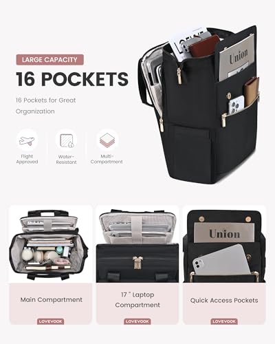 Image of LOVEVOOK 17.3 Inch Laptop Backpack for Women, Large Capacity Travel Backpack with Organizer Bag, Waterproof Carry on Backpack Work Bag with USB Port, Teacher Nurse Backpack Purse, 2PCS