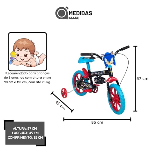 Kit Bicicleta Infantil Sonic Aro 12 Verden, com Capacete, Preto e Azul