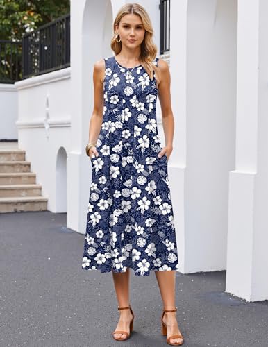 Image of HOTOUCH Summer Casual Dresses for Women Sleeveless Midi Dress Swing Tank Sundress Pleated Tshirt Dress with Pockets