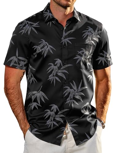 JEMLDL Men's Hawaiian Short Sleeve Button Down Shirt Wrinkle-Free Lightweight Clothing Palm Leaf Casual Dark Black Grey Leaf Large