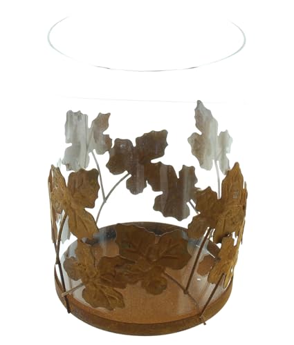 FRANK FLECHTWAREN Windlicht Herbstblatt, Glas, Metall, Echtrostfinish Maße: Ø 12 x 18 cm, ohne Kerze, schönes Windlicht, vielseitig einsetzbar
