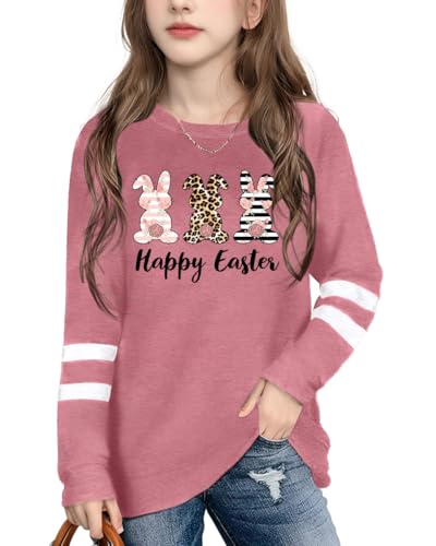 Image of Ithalt Kids Easter Shirts for Girls Cute Bunny Graphic Tshirt Easter Long Sleeve Tops 5-14y