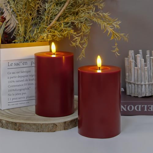 Image of Flameless Flickering 4 inch x6 inch Real Wax Burgundy Remote Candles with Candle Grease, Pack of 2 Timer LED Battery Operated Fake Warm Light Pillar Candles for Home, Banquet, Ceremony Decoration