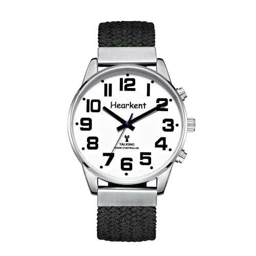 Hearkent Reloj parlante inglés británico con números grandes autoajustable para personas con discapacidad visual, ciegos o ancianos, tamaño de hombre, Nailon negro, men size1, Clásico