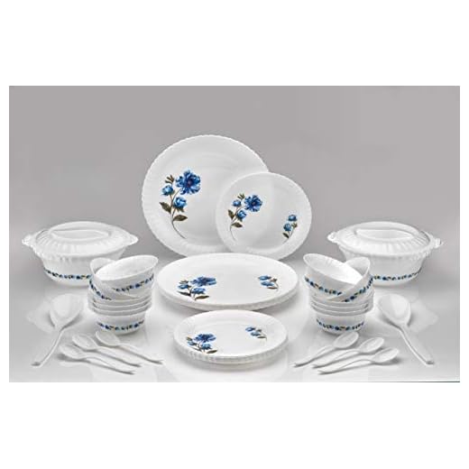 Rossela Brand Exclusive and Microwave Safe, Plastic Printed Round Flourish Dinner Set of 36 Pieces- (Blue)