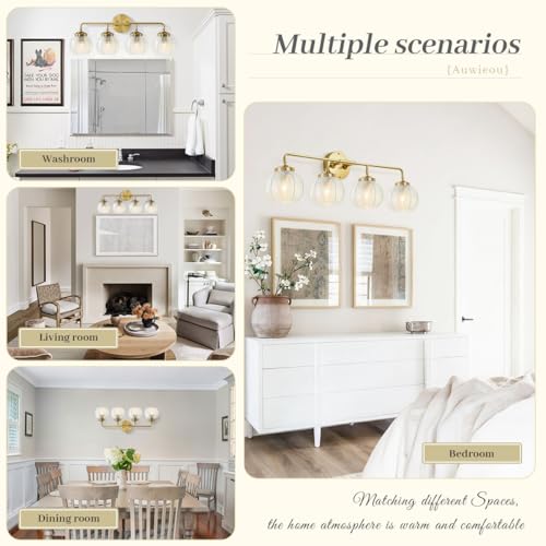 Image of 4-Light Brushed Gold Clear Glass Globe Wall Sconce, 27.2-inch | Gold Vanity Lights, 5.9 inch Clear Glass Shade, E26 Base, Living Room, Bedroom, Bathroom, Renters, Indoor Lighting, Wall Lamps
