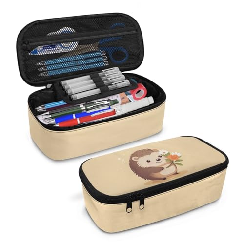Image of Hedgehog Flower Girls Pencil Pouch Large Capacity,Pencil Case for Kids Cute Pencil Box for 3-15 Years Children Boys Pencil Bag with Mesh Pocket Pencil Container Coin Purse Handbag