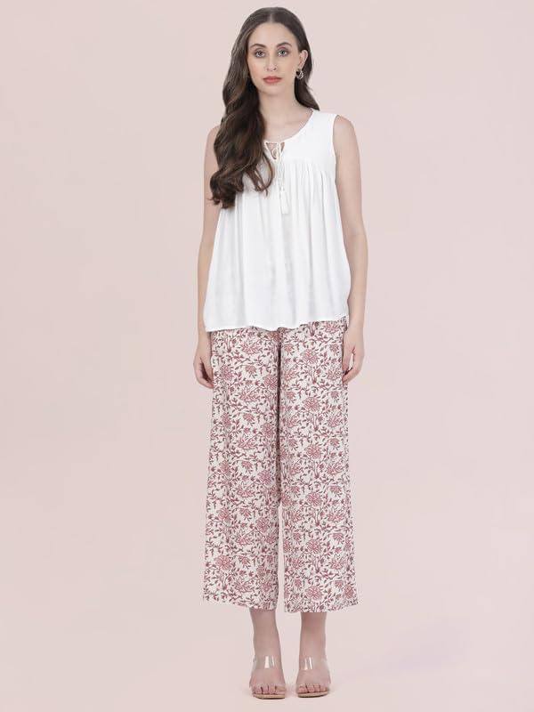 Image of GO COLORS Soft Viscose Printed Palazzo Full Length for Women| Breathable, Mid Rise, White