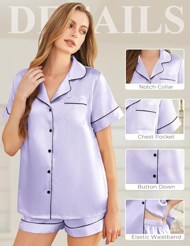 Image of Silk Pajamas for Women Short Sleeve Sleepwear Soft Button Down Loungewear 2 Piece Satin Pjs Shorts Set S-XXL