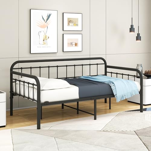 HOMERECOMMEND Metal Daybed Frame Heavy Duty Metal Slats Sofa Bed Platform Mattress Foundation Twin Day Bed Black Sanded Color