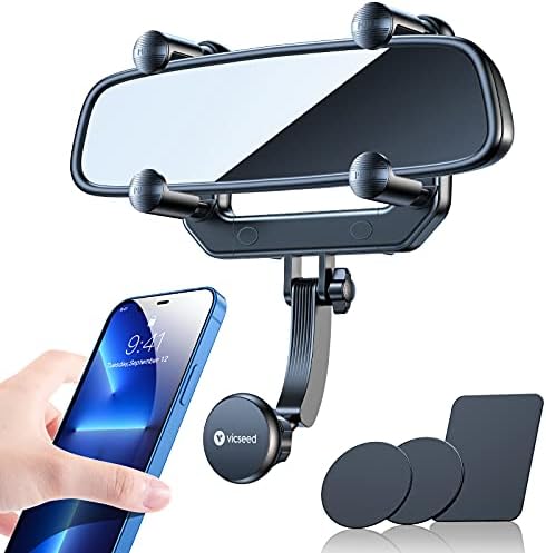 VICSEED Upgraded Magnetic Phone Mount for Car, [Big Rear Mirrors Friendly] Rear View Mirror Phone Holder, Strong Magnet Cell Phone Holder Car Cradle Hands Free Car Mount Fit All Mobiles & Vehicles