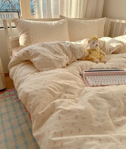 Image of VM VOUGEMARKET Lace Duvet Cover Set Full Girls Pink Flower Bedding Set Soft Lightweight Washed Microfiber Romantic Princess Duvet Cover with Zipper Ties-80 inchx90 inch