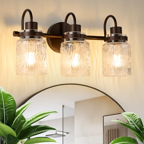 Image of 3 Lights Hammered Glass Bathroom Vanity Light, Oil Rubbed Bronze | Easy Installation,Up or Down,Farmhouse Modern Style,E26 Socket,ETL Certification