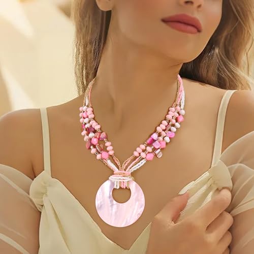 Coiris Shell Pendant Statement Strand Necklace for Women Boho Multi Beads Natural Stone Colorful Necklace Bohemian Handmade Chunky Shell Beaded Collar Jewelry for Women3