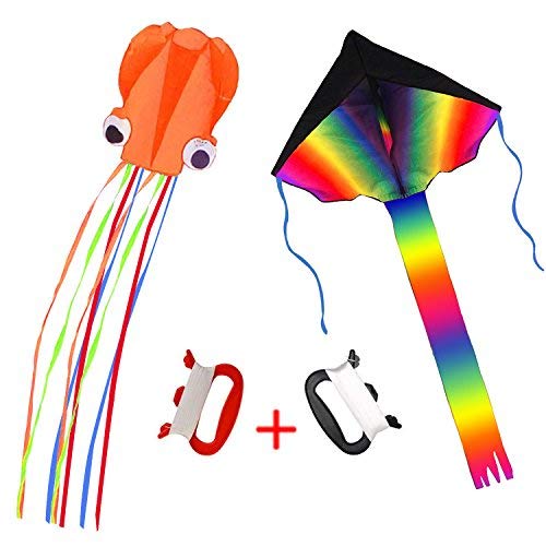 2 Pack Kites - Kids Large Rainbow Delta Kite and Orange Mollusc Octopus with Long Colorful Tail Perfect for Kids Outdoor Game, Activities in Beach or Park