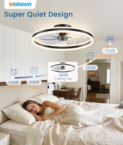 Image of VOLISUN Low Profile Ceiling Fans with Lights and Remote, 27.6in Flush Mount Ceiling Fans with Light, 3000K-6500K Dimmable Fandelier LED Fan Light, Black Bladeless Ceiling Fans with Lights for Bedroom