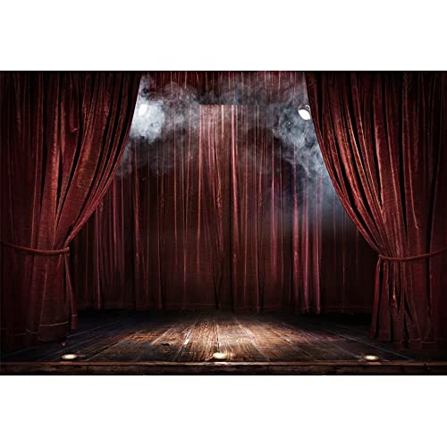 YongFoto 10x8ft Vinyl Stage Scenes Photo Backdrop Brown Curtain Wood Floor Smoky Spotlight Magic Theater Stage for Party Event Photography Video Film Photoshoot Background Studio Props Wallpaper
