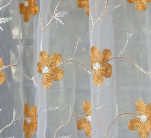 Image of Embroidered Floral Sheer Net Curtain for Window - 5x4 Feet - Transparent Golden Net Curtain - Pack of 1 - Elegant Lightweight Decor for Living Room & Bedroom