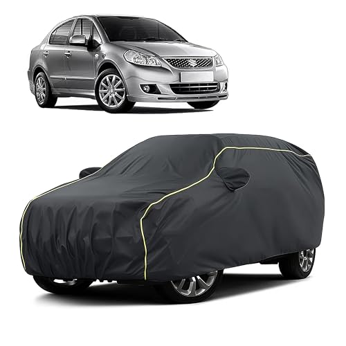 Image of Sulfar 100% Water Resistant Car Body Cover Compatible with Mirror for Maruti Suzuki SX4 (Triple Stitched, Full Bottom Elastic, Dark Grey Taffeta with Yellow Piping)
