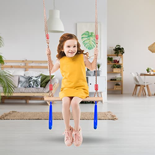 PELLOR Multifunction Children's Wooden Trapeze Swing With Plastic Gym Rings (Blue)