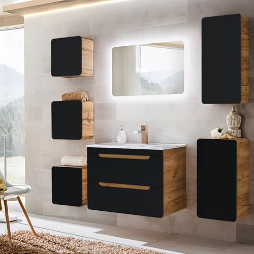 Lomadox Badmöbel Komplett-Set in seidenmatt dunkel anthrazit mit Wotan Eiche Nb., 81 cm Waschtisch-Unterschrank mit Keramik-Waschbecken, LED-Spiegel, Unterschrank, 4 Hängeschranke