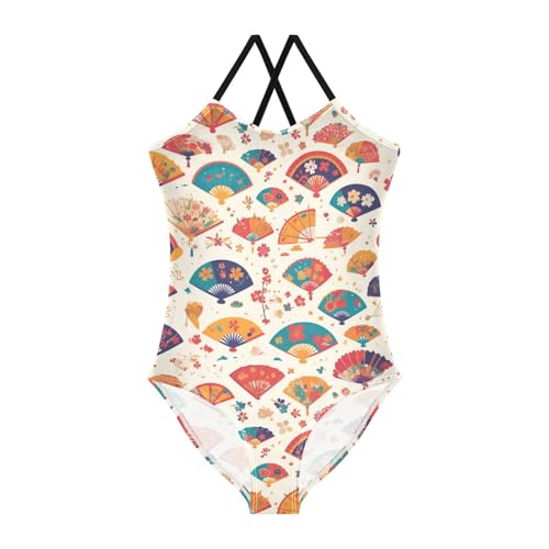 Hand Drawn Cute Japanese Fans Kids Girls 1 Piece Swim Suit Summer Swimwear Adjustable Strap Quick Dry