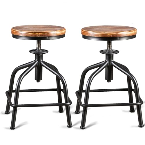 FUBIRUO Industrial Vintage Farmhouse Kitchen Counter Height Adjustable Swivel Metal Stool Kitchen Island Bar Stool Set of 2 (Black 2pcs, Wooden Top)