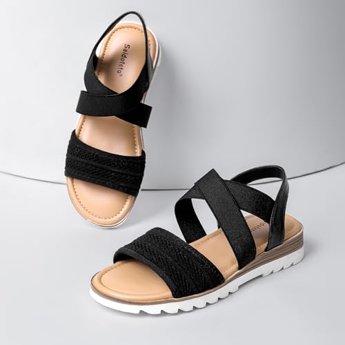 Image of Saidoteto Women's Flat Sandals,Comfortable Elastic Ankle Strap Slingback Slip-On Open Toe Low Wedge Walking Sandals for Summer & Casual