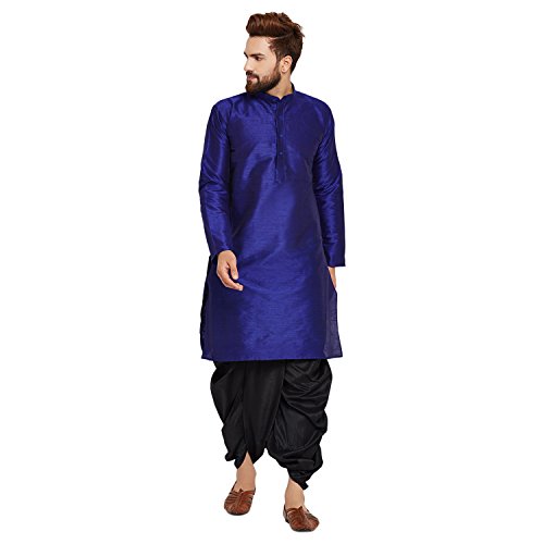 Image of SOJANYA (Since 1958 Men's Off-White and Gold Dupion Silk Dhoti Kurta Set