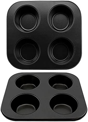 EALEK 4-Cup Heavy Carbon Steel Non-Stick Bakeware Cupcake Muffin Pan Baking Tray 2 Pack 8.5 Inch Black