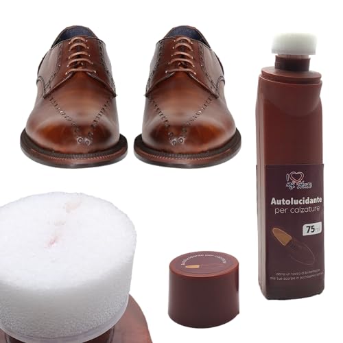 BullTek Crema abrillantadora instantánea, 75 ml, brillante con esponja, renueva y reaviva la piel de zapatos, bolsos, botas – Autolucidante para protección y brillo del cuero, marrón, 75 ml