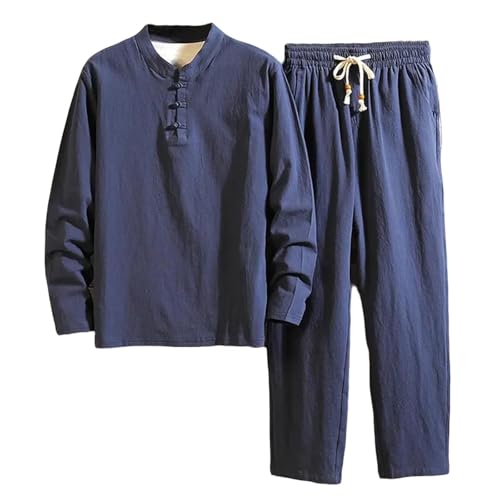 Men's Casual 2 Piece Sets Round Neck Long Sleeve Button Down Shirt Tops and Elastic Waist Pants Set Trendy Outfits