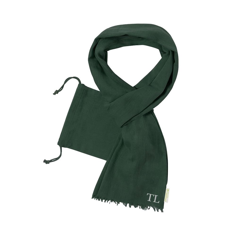 eBuyGB Personalised Organic Cotton Fringe Scarf for Women With Initials, Monogram Pastel Spring Cosy Scarf With Pouch (Khaki Green)
