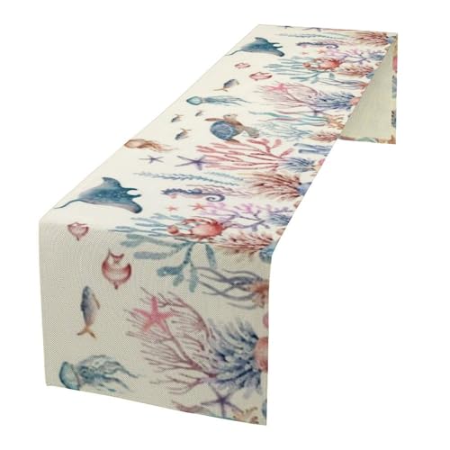 Nautical Coastal Table Runners Ocean Beach Coral Table Runners Starfish Blue Teal Seafood Drawing, Dining Room Kitchen Rectangular Runner, 13" X 36"