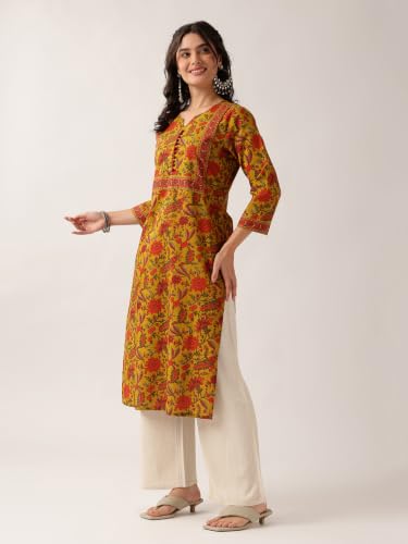 Image of Vbuyz Women Floral Print with Yoke Details Straight Cotton Stitched Kurta