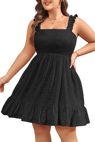 Image of Talisea Women's Plus Size Summer Dresses - Casual Eyelet Square Neck Sleeveless Smocked Ruffle A-Line Cute Short Sundress