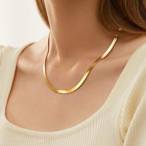 CHESKY Gold Necklace for Women-14K Plated sterling silver Snake Chain Necklace Dainty Simple Chunky Herringbone Necklace Choker Necklaces Jewelry for Women4