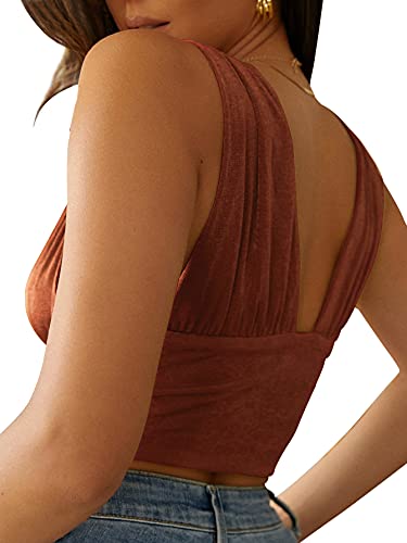 Lyaner Women's Sexy Deep V Neck Slim Fitted Strap Crop Cami Tank Sleeveless Top Brown Large #TOP1