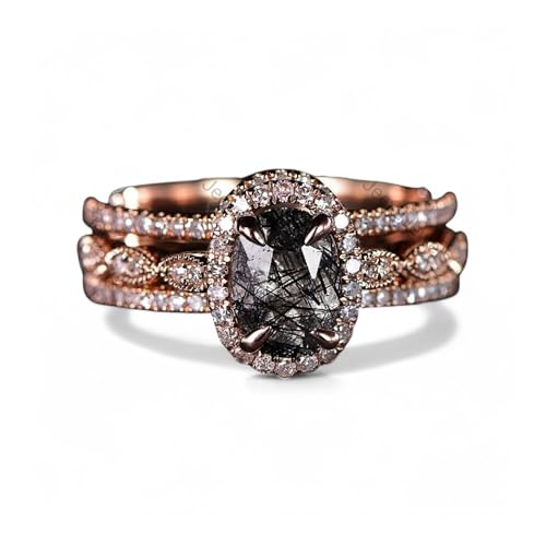 Vintage Black Rutilated Quartz Wedding Ring Set Solid Rose Gold Diamond Halo Engagement Gift Enhancer Valentine Proposal Ring Solitaire Bridal Statement Ring
