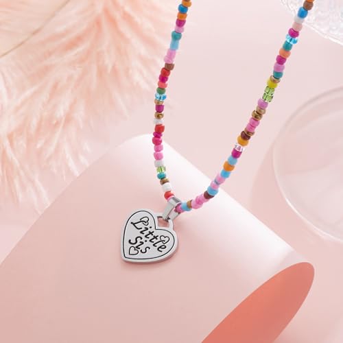 Image of Big Middle Little Sister Mom 2 Daughters Heart Colorful Beaded Necklaces | 3Pcs matching sister pendant set, meaningful friendship & family jewelry, ideal gift for BFF, sisters, mom & daughter