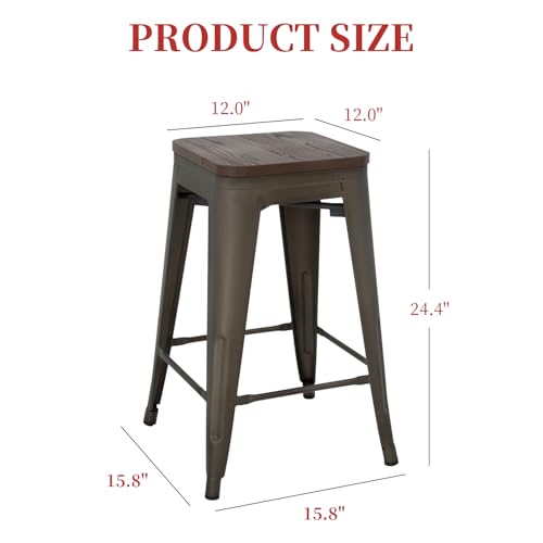 Image of FDW Metal Bar Stools Set of 4 Counter Height Bar Stools 24 Inches Industrial Bar Chairs Patio Stool Stackable Backless Stool Indoor Outdoor Metal Kitchen Stools Bar Chairs (Bronze with Wood, 24 inch)