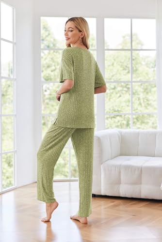 Image of Ekouaer Womens Ribbed Knit Lounge Set Short Sleeve Top and Long Pants Sleepwear Pajama Set Two Piece Matching Outfits Set
