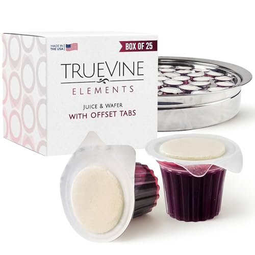TrueVine Elements Cup - Prefilled Communion Cups and Wafer Set Offset Tabs Juice & Crispy Wafer Sealed for Freshness Holy Communion Bread and Juice for Church & Worship Gatherings (Box of 25)