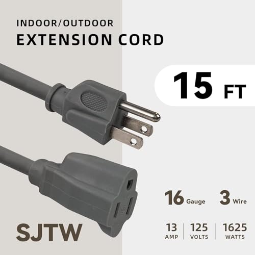 Image of 15ft Outdoor Extension Cord for Christmas Decorations - 16 /3 Heavy Duty SJTW Waterproof Gray Electrical Cable with 3 Prong Grounded Plug for Safety, Great for Lawn and Major Appliances