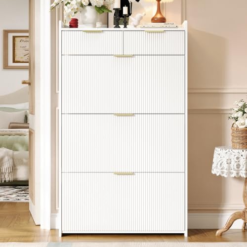 Scarpiera 80 cm bianco, 3 ribaltabili, 2 cassetti, design moderno