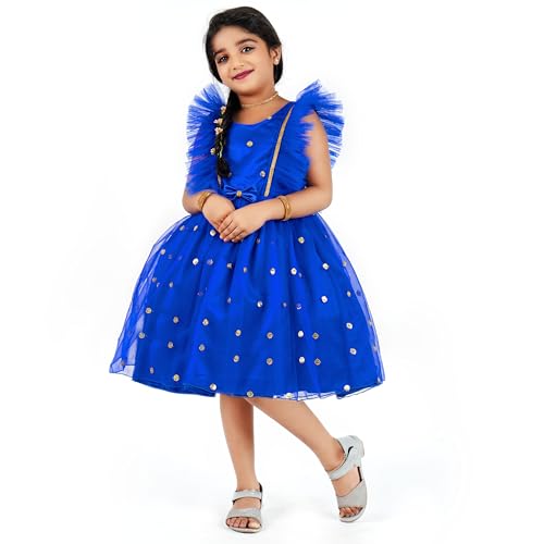 Image of Stanwells Kids Dress for Girls Bow Shade Sequins Embroider Knee Length Frock for Baby Girls Silk Birthday Perfect Dress Frock