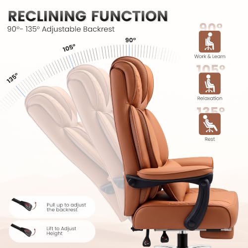 Image of BestGlory Office Desk Chair, Big and Tall Leather Gaming Chair with Footrest, Ergonomic Comfy Executive High-Back Reclining Computer Chairs, Wide Swivel Rolling Wheels and Padded Lumbar Support, Brown