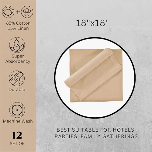 Image of FINGERCRAFT Table Napkins 18x18 Inches Set of 12 Cotton Linen Blend Fabric Dinner Cloth Napkins Washable and Reusable, Good Absorbency for Home, Parties, Hotels (New Beige)