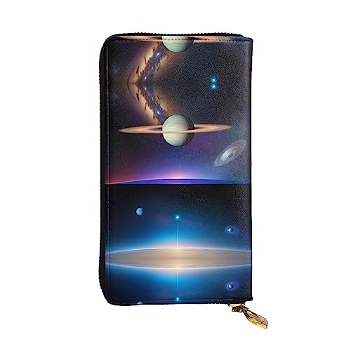 Leather Wallet 7.48 x 4.13 in - Stylish and Durable Wallet for Women with Multiple Compartments and Zipper Design Cosmic Saturn Pattern